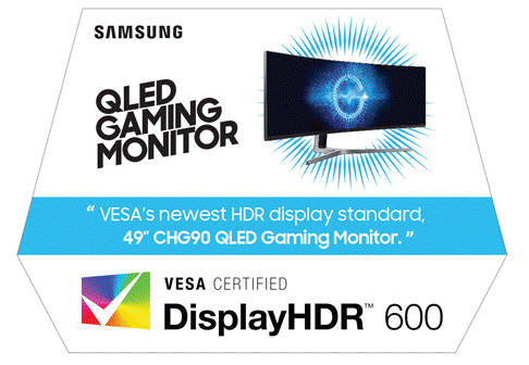 삼성 QLED 게이밍 모니터 CHG90 제품과 VESA의 '디스플레이HDR' 인증 로고. (사진 = 삼성전자)